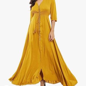 Milumia Women's Button Up V Neck Half Sleeve Split Flowy Plain Maxi Dress